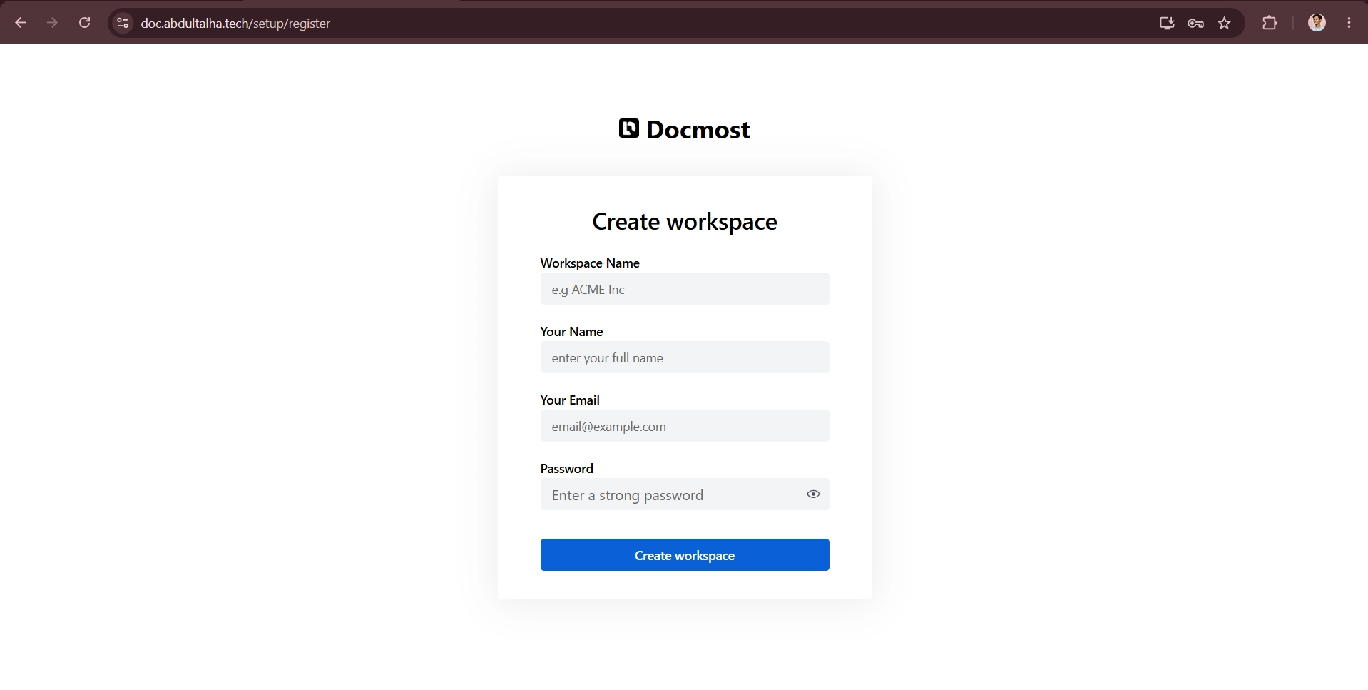 Docmost workspace setup screen